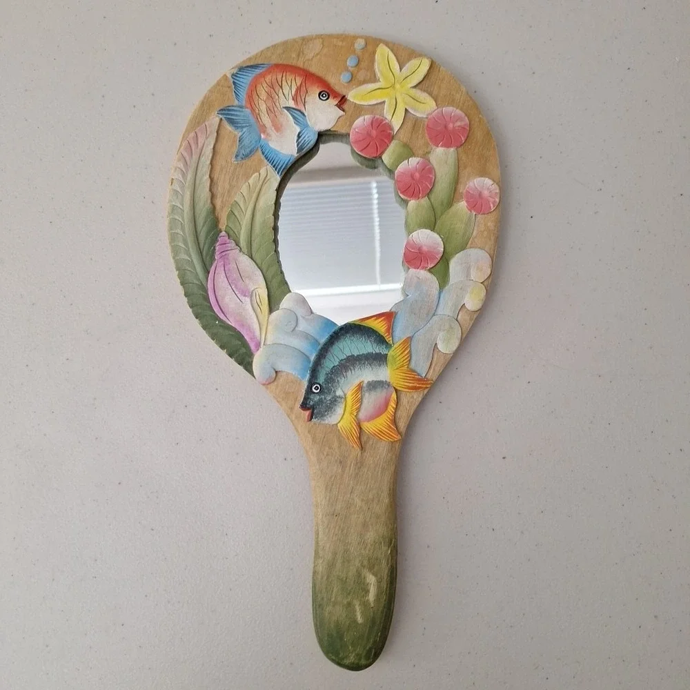Vtg Tropical Fish Underwater Solid Wood Carved Handheld Mirror INDONESIA 14